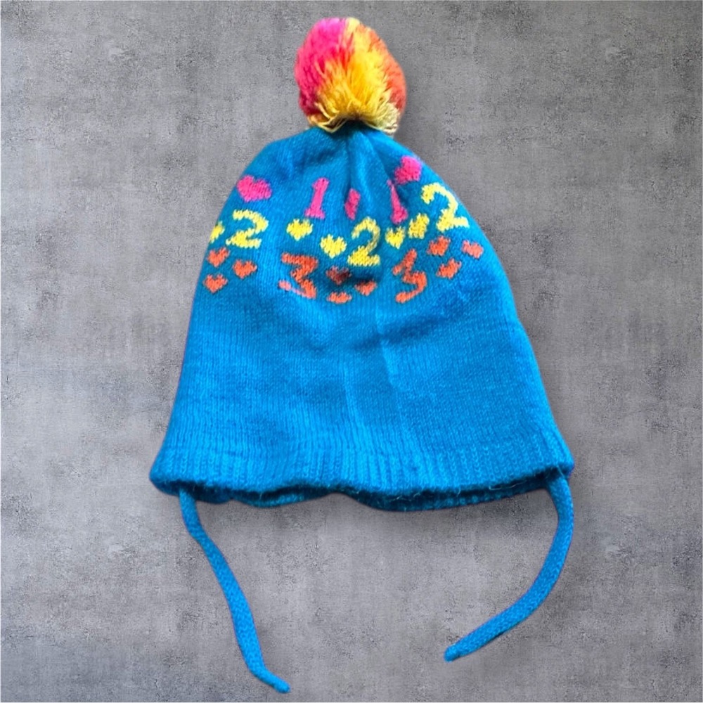 Vintage Childrens Knit Winter Hat Teal Pom Pom‎ Ear Flap Tie Beanie